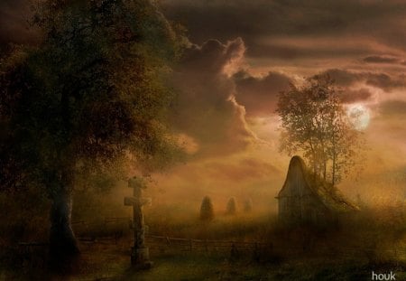 Aberro - moon, graveyard, trees, clouds, fog, aberro, fantasy