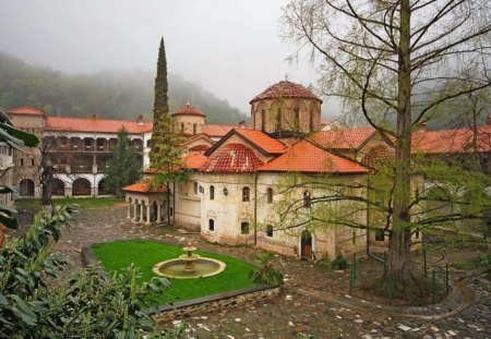 Bachkovo Monastery - nice, autumn, photography, park, foggy, yard, bulgaria, monastery, church, cold, fog, architecture, photo, religious