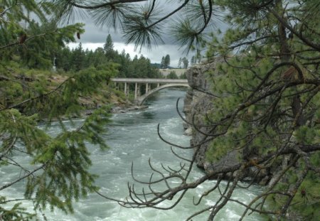 Looking through the trees - sromy sky, water, bridge, trees