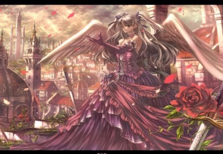 Angel - red, sword, pretty, cute, beauty, kingdom, anime, girl, roses, city, woman, angel