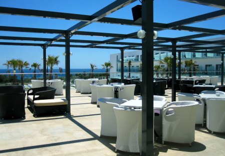 Summer.. - sky, ocean, photography, sun, terrace, water, chairs, tables, white, abstract, blue, holiday