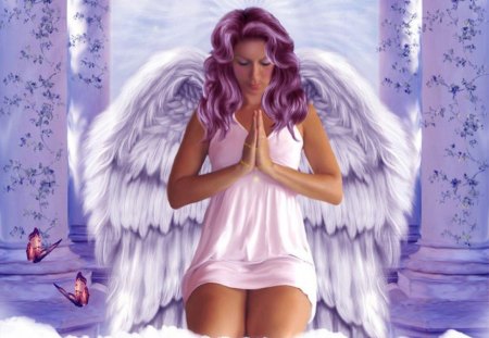 ANGEL - white, female, purple, wings, butterflies, angel