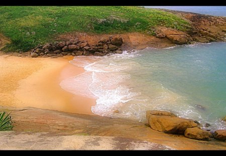 Beach Shoreline - water, blue, brown, beach, tan, grass, ocean, daylight, sand, ground, shore, white, nature, dirt, day