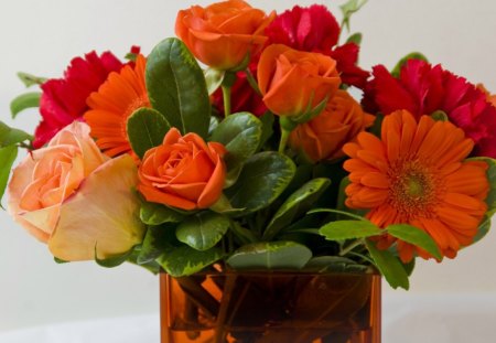 BRIGHT BOUQUET FOR A DARK DAY - roses, gerberas, red, orange, bouquets, vases