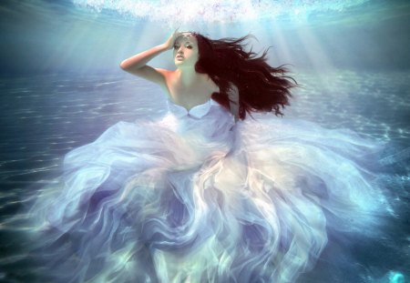 Mermaid - bride, water, beautiful, girl, beauty, ocean, fantasy, mermaid, woman, brunette, art