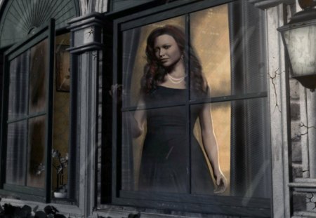 Lady In Black - woman, dark, window, kid safe