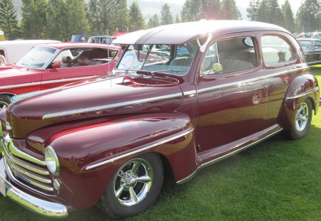 1948 Ford red wine color - black, Ford, tires, headlights, red, green, photography