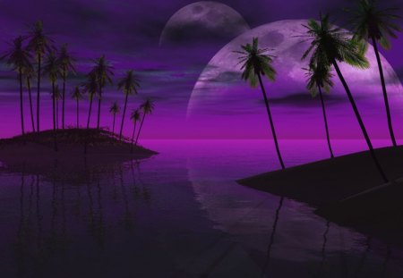 PURPLE NIGHT - moon, sky, ocean, trees, night, purple, reflection, clouds, island