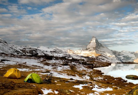 Splendor - amazing, splendor, landscape, snow, winter splendor, view, lake, sky, clouds, winter, water, camera, beautiful, snowy, beauty, lovely, tent, nature, winter time, mountains, peaceful