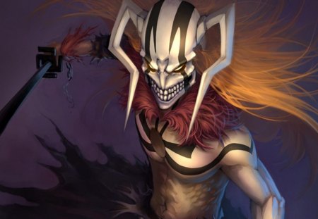 Vasto Lorde Ichigo - anime, full hollow ichigo, sword, ichigo, kurosaki ichigo, long hair, horns, male, hollow ichigo, mask, bleach, ichigo kurosaki, weapon, vasto lorde