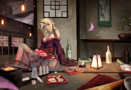 Yuugi Hoshiguma - hoshiguma yuugi, touhou, sake, anime, games, blonde hair, pink eyes, video games, kimono, yuugi hoshiguma, food, horn