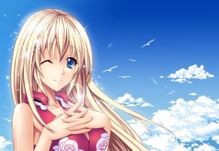 Anime - anime, sky, beach, cute