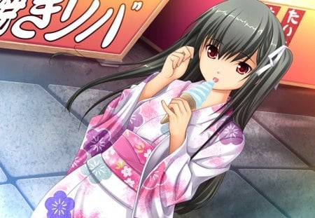 Fluorite Memories - ice cream, red eyes, girl, game, long hair, kimono, fluorite memories, black hair