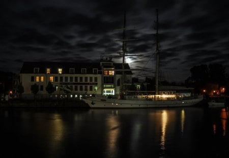 TRANQUIL MOONLIGHT - moon, sky, harbours, water, night, buildings, yachts, lakes, reflections, oceans, clouds, lights