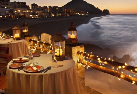 ROMANTIC EVENING - surf, cities, magic, night, mountains, waves, evening, lanterns, table, food, sea, lights