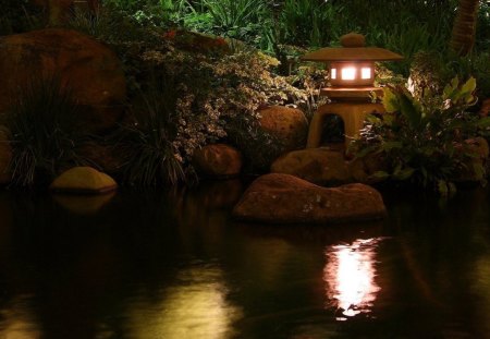 MELLOW EVENING - reflections, night time, trees, water, gardens, ponds, lights, fairyland, foliage, rocks