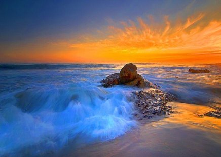 Fire and surf - surf, blue, beach, waves, orange, rocks, sky