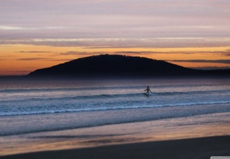 Ocean ~ Mountain Sunset - beach, ocean, mountain, surfer, sunset, waves