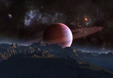 distant world - moon, planet, mountains, stars, sun, nebula