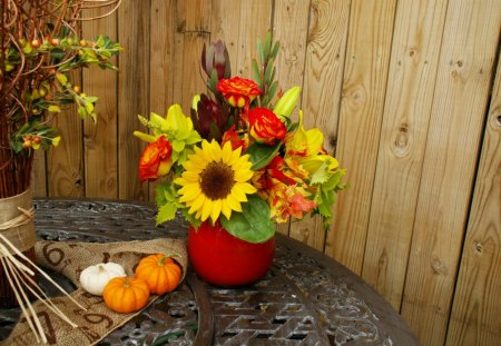 Autumn Floralâ™¥ - fall, flowers, bouquet, love, yellow, sunflower, forever, pumpkins, arrangement, nature, autumn