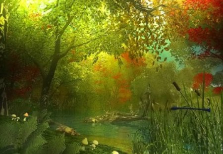 Magic touch of autumn - trees, water, beauty, gold, colors, forest, flowers, autumn, red, green