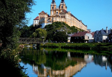 Melk Abbey - benedictine, pretty, buiding, autrian, beautiful, stift, church, melk, lake, architecture, pond, religious, reflection, classic, abbey