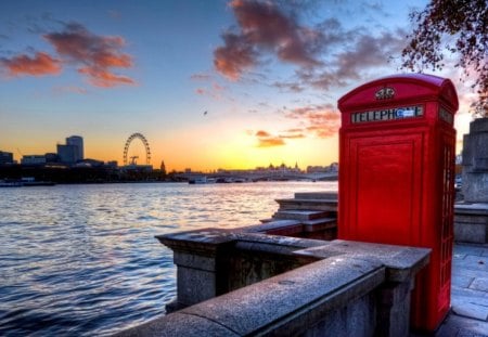 TELEPHONE BOOTH - ferry wheel, clouds, builiding, sunset, booth, telephone