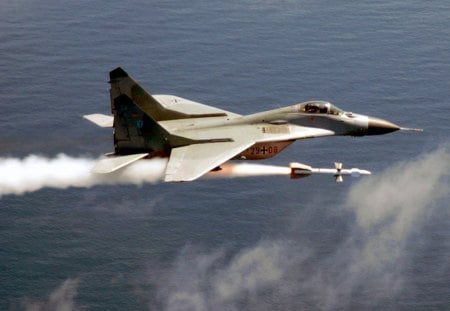 mig-29 fires missile - aircraft, missile, mig-29, fires