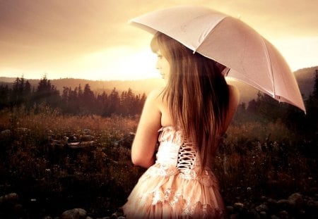 AUTUMN BEAUTY - field, girl, umbrella, autumn