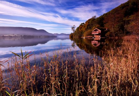 Lake House - beauty, sky, autumn, peaceful, water, autumn leaves, fall, view, reflection, clouds, lake house, house, houses, lake, autumn splendor, lovely, autumn colors, nature, beautiful, splendor