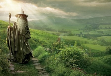 Wizard - fields, sky, fantasy, old man, nature, abstract, wizard, beautiful, clouds, green