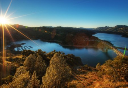 Beautiful View - nature, sky, view, blue, beautiful, mountains, sunset, bridge