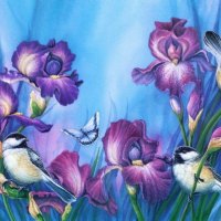 PURPLE IRIS AND BIRDS