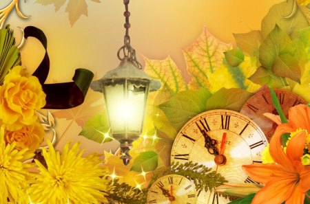 Fall Flowers Time - lilies, yellow, clock, gold, lamp, fleurs, light, leaves, lily, flowers, fall, autumn, bright, yellow rose, ribbon, astors