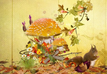 Serenity of Fall - nuts, mushrooms, autumn, squirrel, ribbons, gold, nature, fall, fleurs, umbrella, leaves, flowers, daisies, toadstools