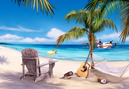 TRANQUILITY - trees, guitars, music, loungers, waves, aircraft, shade, oceans, sand, horizons, sea