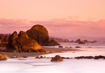 beach - sea, person, sand, boulders