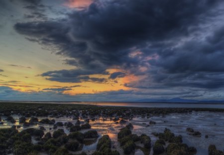 water's edge - clouds, water, blue sky, mountains, rocks