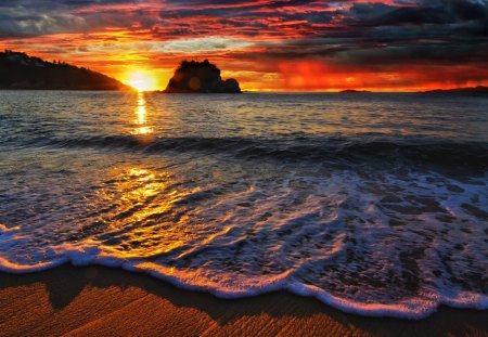 the beach at sunset - beach, sun, clouds, sea, waves, cliffs