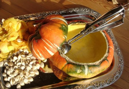 PUMPKIN SOUP - pumpkins, supper, vegetables, warmth, food, tray