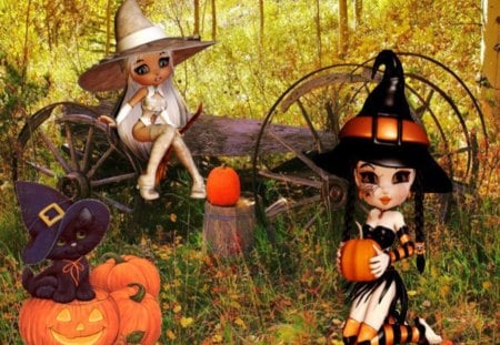 Helloween - blackwitch, whitewitch, orange pumpkin, blackcat