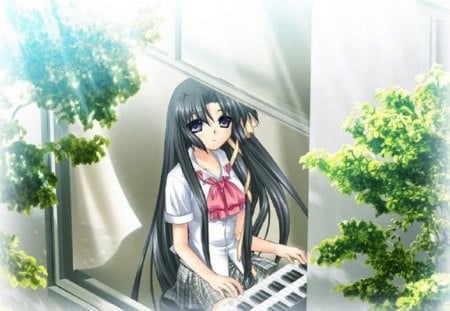 Piano Girl - dark hair, piano, window, long hair, cant think of a fourth