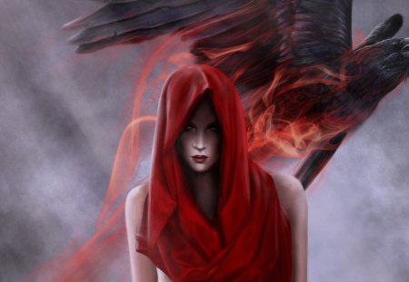 Raven - crow, women, girl, magic, blood, fantasy, raven, cg