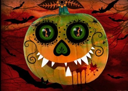 â™¥     â˜» Funny Halloween Pumpkin â˜»     â™¥ - halloween, happy halloween, green eyes, bats, trees, pumpkin, night, jack-o-lantern