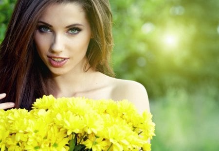 Brunette - flowers, brunette, hair, model