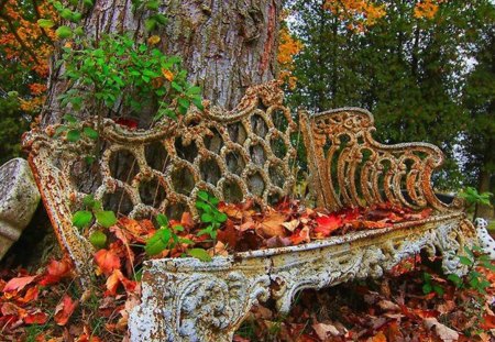 old stone bench - stone, fallen leaves, beautiful, autumn, wood, old, bench