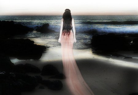 Finding my own way - fantasy, dress, girl, ocean, reflection, rocks