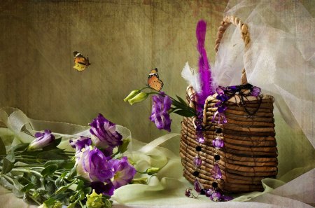 Purple Flowers - pretty, roses, butterflies, purple petals, flowers, purple, purple flowers, beautiful, photography, beauty, lovely, still life, petals, nature, butterfly, rose, purse, purple roses