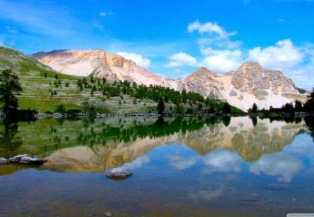 Lake of Green and Blue - blue, green, landscape, lake, mountains, sky