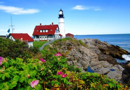 Lighthouse - pretty, summer, blue, flowers, fresh, view, nice, sky, clouds, lighthouse, water, beautiful, sea, lovely, ocean, stones, nature, rocks